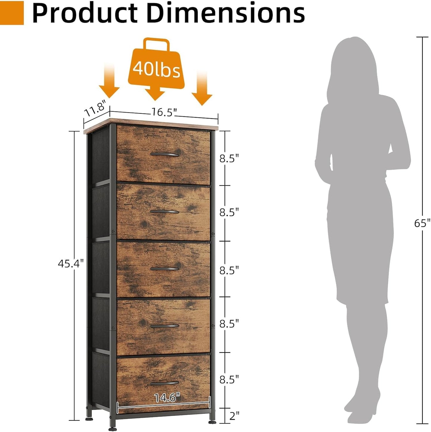 SKY-TOUCH 5 Chest of Drawers, Vertical Storage Drawers Tower Fabric Chest Dresser, Tall Organizer Dresser for Bedroom, Nursery, Closets, Sturdy Steel Frame with Wooden Top, Brown