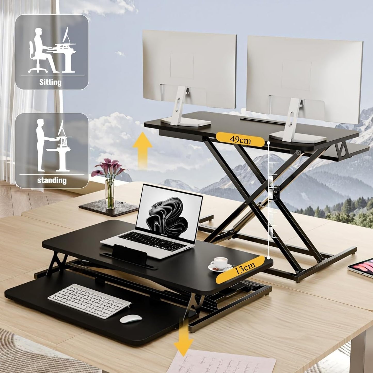 SKY-TOUCH Standing Desk Height Adjustable, 80 * 40cm Sit to Stand Desk Converter with Keyboard Tray, Ergonomic Sit to Stand Up Riser for Home Office Laptop, Black