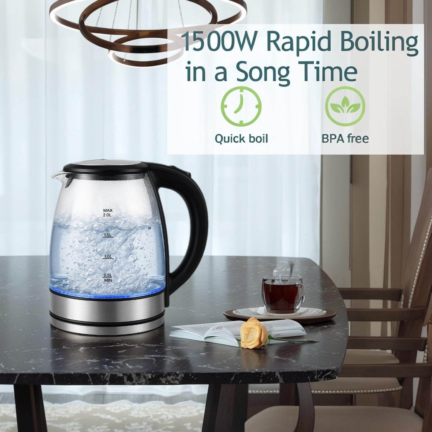 SKY-TOUCH Electric Kettle, 2L 1500W Glass Hot Water Boiler & Tea Pot, BPA-Free Borosilicate Glass, LED Indicator, Auto Shut Off & Boil-Dry Protection, Stainless Steel Bottom