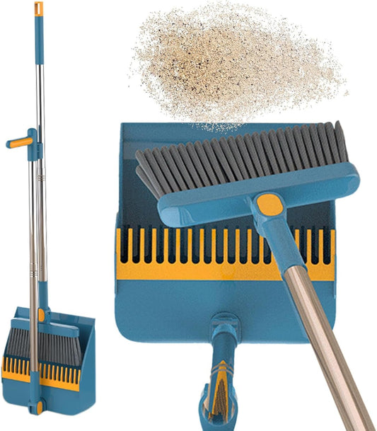 SKY-TOUCH Broom and Dustpan Set, Foldable Dustpan Upright Broom for Home, Office, Kitchen, Daliy Using, Blue