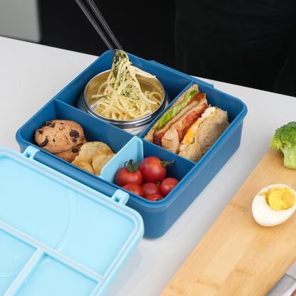 SKY-TOUCH Kids Bento Box with 8oz Thermos – Insulated Leak-Proof Lunch Box Set with 4-Compartment BPA-Free Containers, Microwave-Safe, 2L Capacity,– Blue, 19.5x22cm