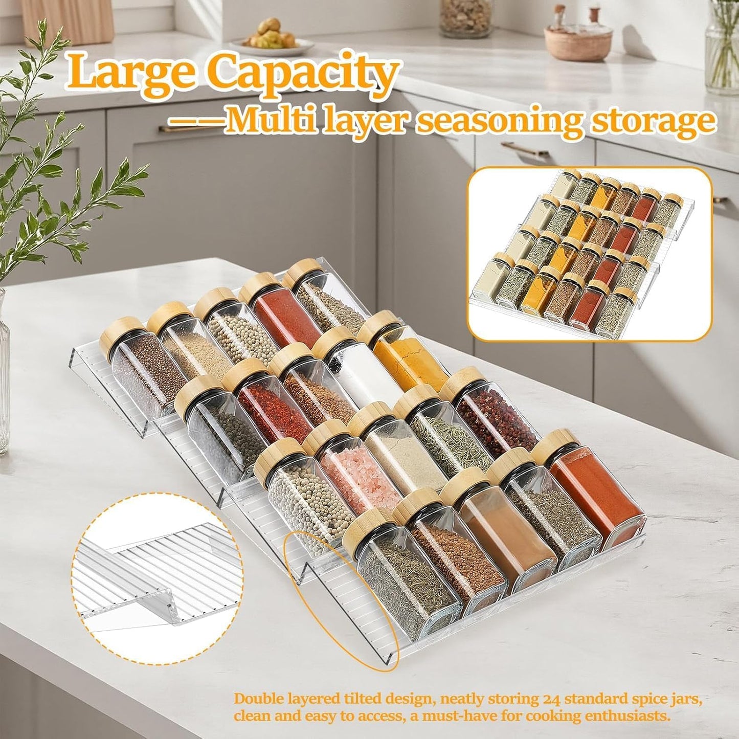 SKY-TOUCH Spice Drawer Rack, 4 Tier- 2 Set (8 Pcs) Expandable From 11" to 22" Clear Acrylic Seasoning Jars Drawers Organizer, Kitchen Drawers, Cabinets Countertops Expandable Storage for Spice Jars