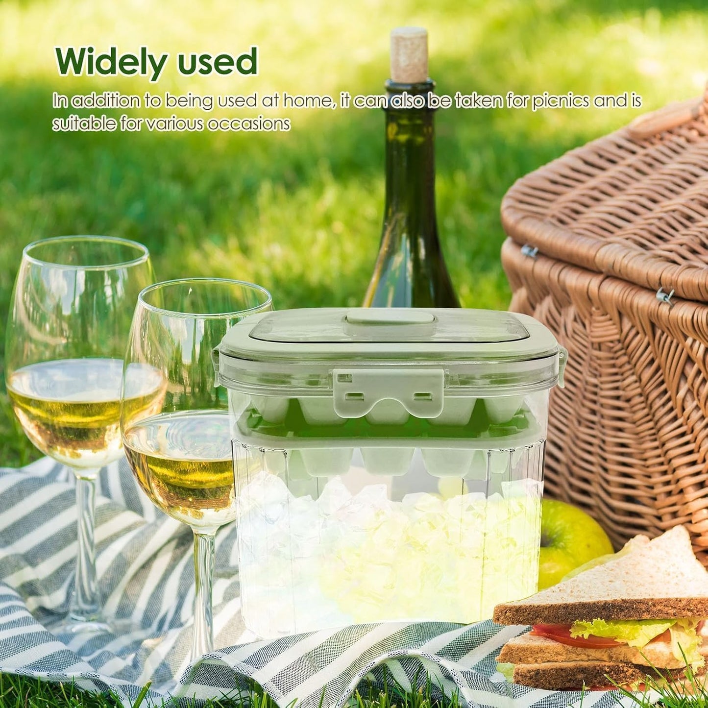 SKY-TOUCH 5L Portable Ice Bucket for Freezer with 56 Grids Mold Tray & Scoop, Large Capacity Clear Refrigerator Ice Cube Storage Bin for Outdoor Camping and BBQ Party (Green)