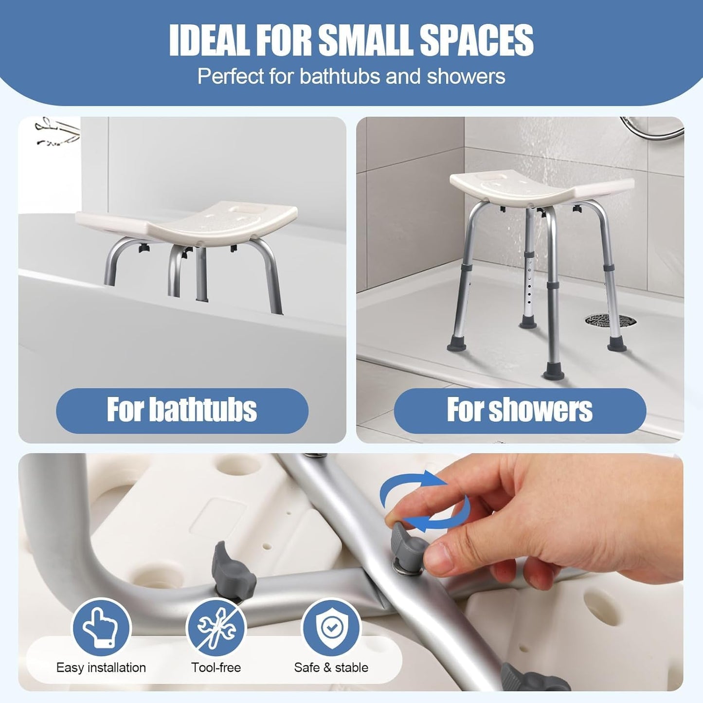 SKY-TOUCH Non-Slip Shower Stool with Suction Feet, Adjustable Lightweight Rust-Free Aluminium Bath Chair for Elderly, Disabled, Pregnancy, Post Surgery, 42 to 50 cm Height, 400 lbs Capacity