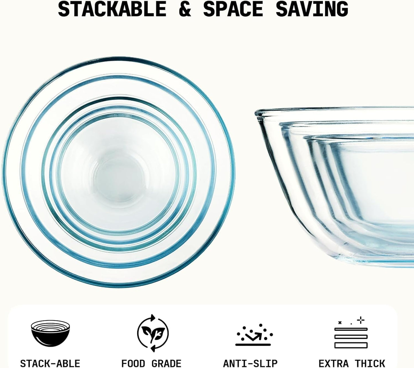 SKY-TOUCH 2 PCS Glass Mix Bowl Set, Round Glass Bowl, Salad Bowl Glass for Kitchen, Baking, Prepping, Serving, Cooking, Stackable, Non-toxic, Microwavable, L Size: 26.5 x 11cm, S Size: 22.5 x 10cm