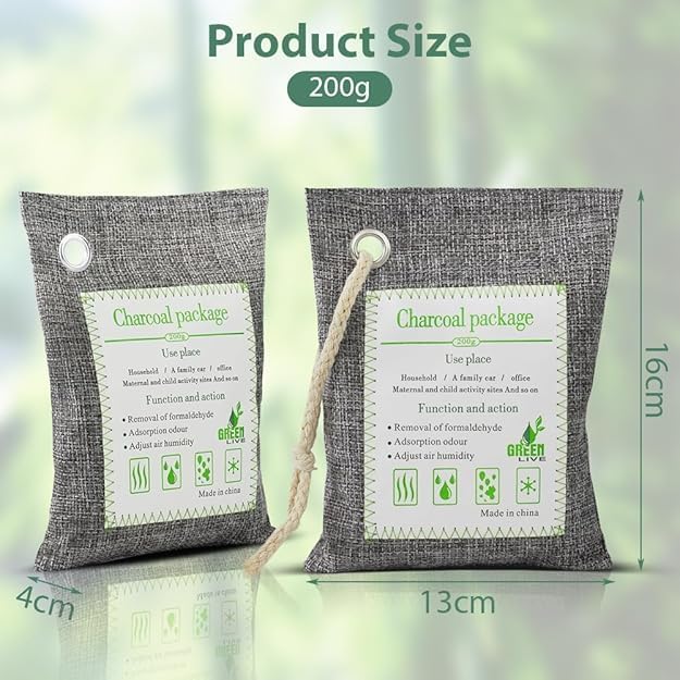 SKY-TOUCH 4 Pack 200g Activated Bamboo Charcoal Bag for Car & Home, Air Purifier, Formaldehyde & Odor Eliminator, Natural Deodorizer, Pet Safe, Dual Use for Home and Car