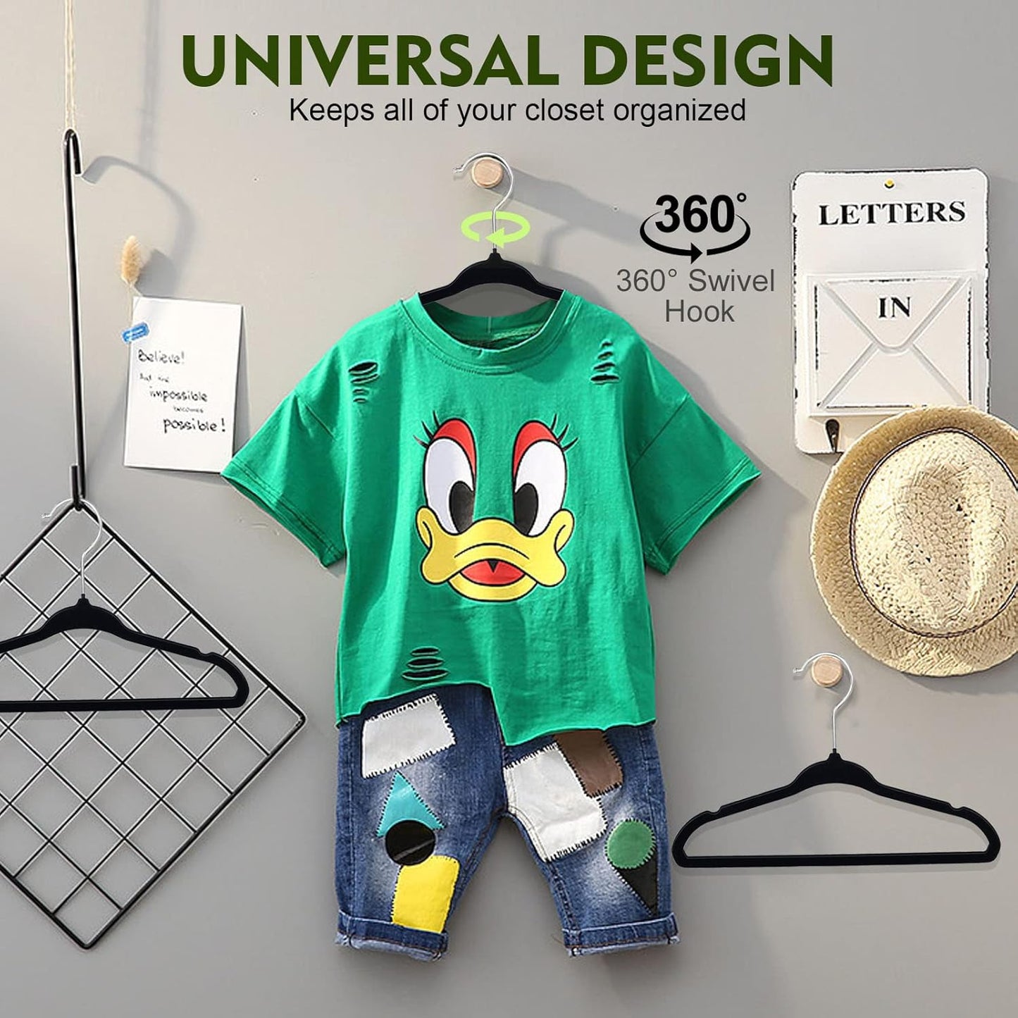 SKY-TOUCH 15Pcs Non-Slip Velvet Kids Hangers, Premium Baby Clothes Hangers with 360 Chrome Swivel Hook, Non Slip Toddler Hangers for Kids and Children Clothes Space saving (Black)