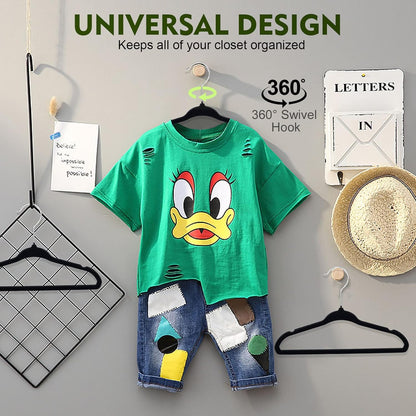 SKY-TOUCH 15Pcs Non-Slip Velvet Kids Hangers, Premium Baby Clothes Hangers with 360 Chrome Swivel Hook, Non Slip Toddler Hangers for Kids and Children Clothes Space saving (Black)