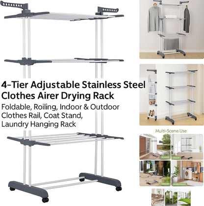 SKY-TOUCH 4 Tier Foldable Clothes Drying Rack, Laundry Drying Rack with Two Side Wings, Movable Drying Rack with 4 castors, 24 Drying Poles & 14 Hooks, Space-Saving, for Bed Linen, Clothing - Grey