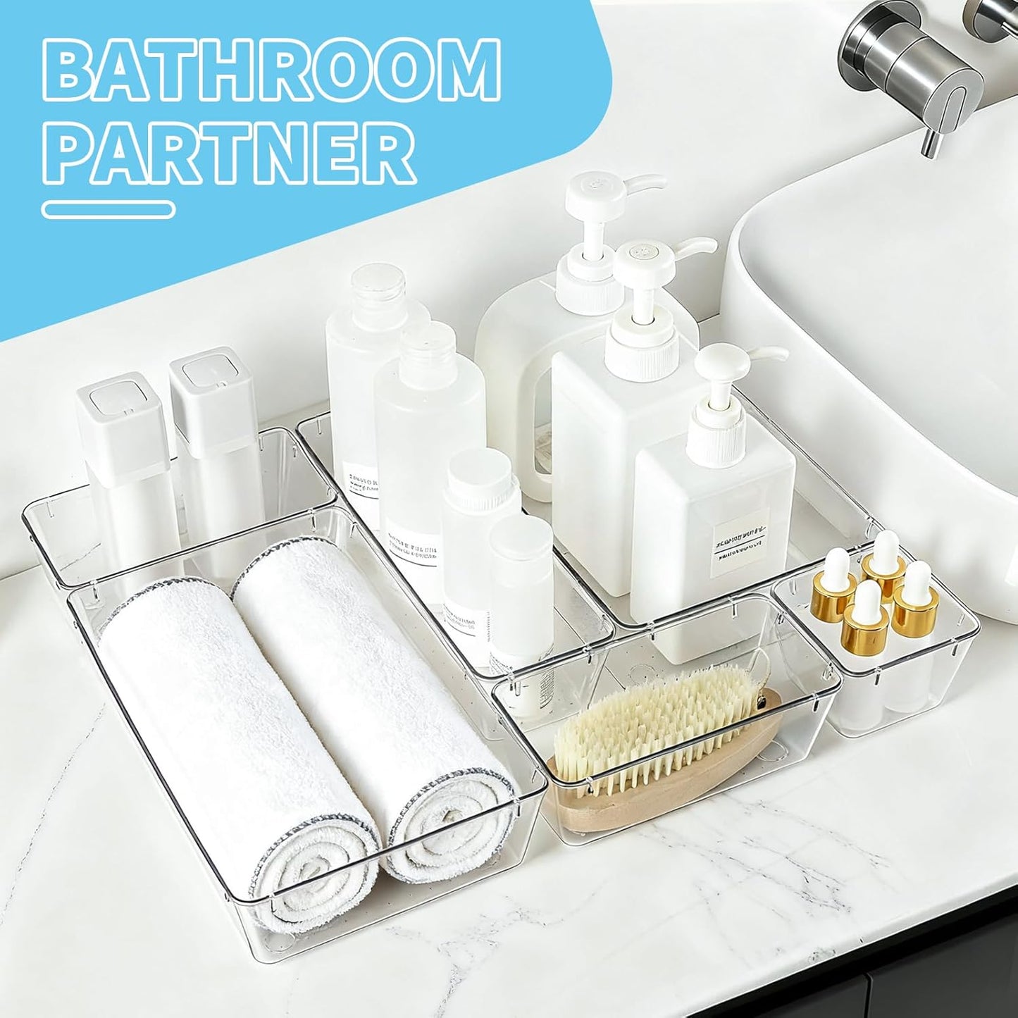SKY-TOUCH 18PACK Clear Plastic Drawer Organizer,Drawer Organizer Trays,Desk Drawer Organizer Trays,4 Size Large Storage Organizer Divider Set for Fridge Organizer, Bathroom, Vanity Storage Bins,Office