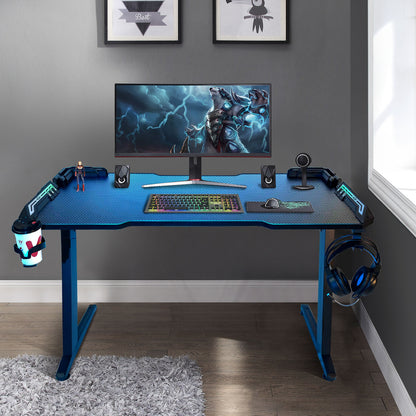 SKY-TOUCH Gaming Desk,Ergonomic Computer and Gaming Table Z Shaped for Pc, Workstation, Home, Office with LED Lights Carbon Fiber Surface,Cup Holder and Headphone Hook,Blue120×60×75cm