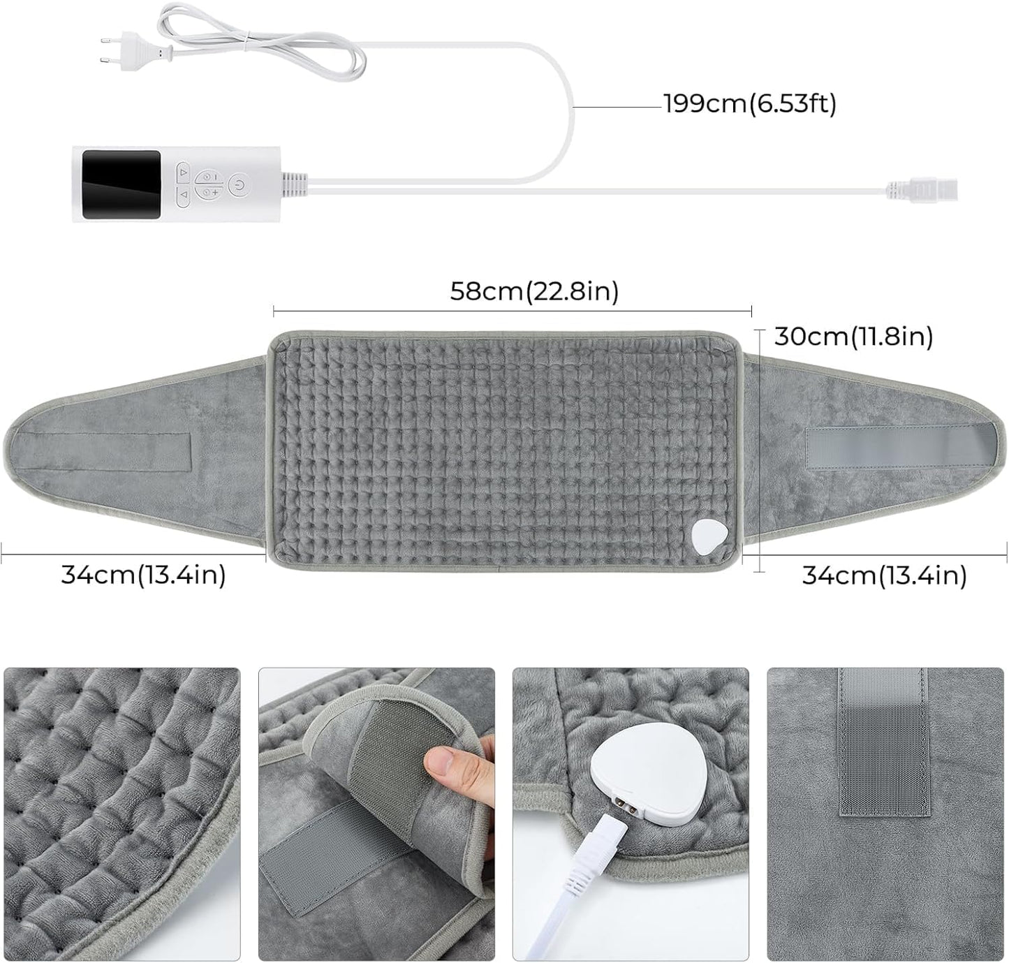 SKY-TOUCH Electric Heating Pad Wrap for Waist & Body, LCD Controller, 9 Heat Levels, 4 Timer Settings, Soft Touch, Fast Heating, Machine Washable - 60x31cm, Ideal for Back, Belly, Legs, & More