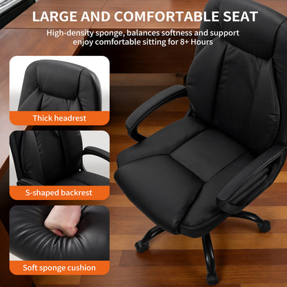 SKY-TOUCH Office Chair, Executive Desk Chair, Classic PU Leather Padded Mid-Back Height Adjustable and Tilt, 350Lb Capacity, Office Computer Desk Chair with Armrest, Black- 26"D x 23.75"W x 42"H