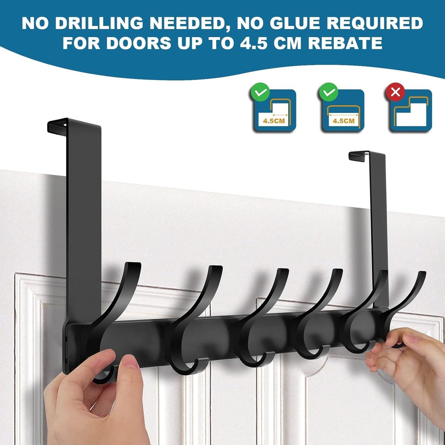 SKY-TOUCH Over Door Hook Hanger 6 Hookds, for Hanging Clothes, Hats, Coats, Towels, Robes - Rust Resistant Door Hanger with 6 Hooks, 20KG Maximum load, Aluminum, 40x18cm