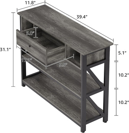 SKY-TOUCH Console Table with drawer, Industrial Wooden 3-layer Shelf for Living Room, Couch, Foyer, Kitchen Counter, 39 Inch Grey Oak 100×30×79cm