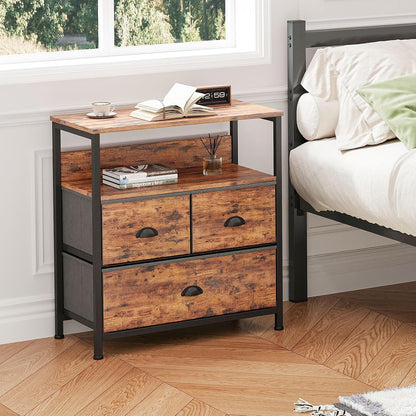 SKY-TOUCH Nightstand set of 1,with 3 Drawers,Industrial Bedside Tables,3 Drawer Side Table for Bedroom,with Storage Shelf, Bedside Table,for Bedroom, Living Room, End Table, Wooden Top, Tiger Wood