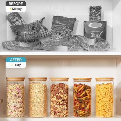 SKY-TOUCH 3PCS Glass Food Storage Jars, Kitchen Storage Glass Canister Set with Airtight Bamboo Lids, Suitable for Flour, Grains, Sugar, Tea, Coffee Beans, and Snacks, 2100ML