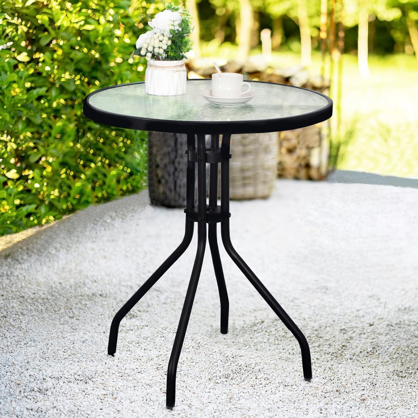 SKY-TOUCH Round Glass Table : Outdoor Patio Table with Waterwave Tempered Glass Outdoor Coffee Table with Metal Frame for Home Patio Backyard Yard Balcony Lawn (60 * 70cm Black)