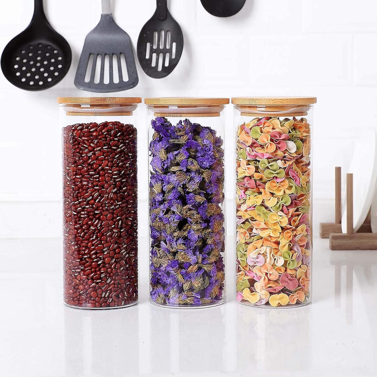 SKY-TOUCH 3PCS Glass Food Storage Jars, Kitchen Storage Glass Canister Set with Airtight Bamboo Lids, Suitable for Flour, Grains, Sugar, Tea, Coffee Beans, and Snacks, 2100ML