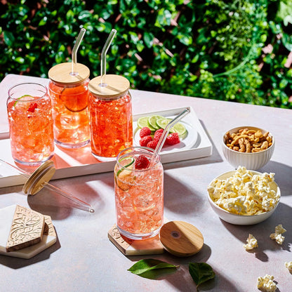 SKY-TOUCH 2 Pcs 550ml Glass Cups with Bamboo Lids and Straws, Clear Iced Coffee Glasses Set, Cute Aesthetic Reusable Drinking Tumblers for Tea, Coffee, Smoothie, Soda
