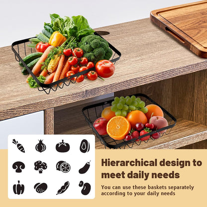 SKY-TOUCH 2-Tier Fruit Basket with Wooden Handle, Detachable Metal Fruit Bowl Holder Vegetable Storage Rack, Countertop Holder for Kitchen, Home, Office - Organize Fruits, Veggies, Snacks, Bread