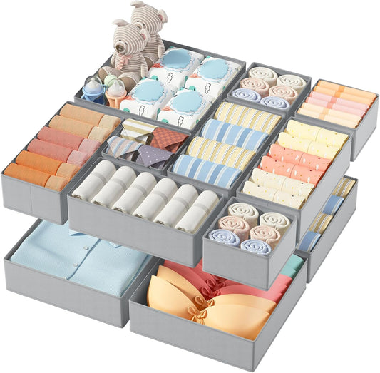 SKY-TOUCH 12 pack Underwear Drawer Organiser, Clothes Storage Organizer, Foldable Fabric Closet Storage Organizer for Baby Clothing, Dresser, Sock, Bra, Towels, Grey