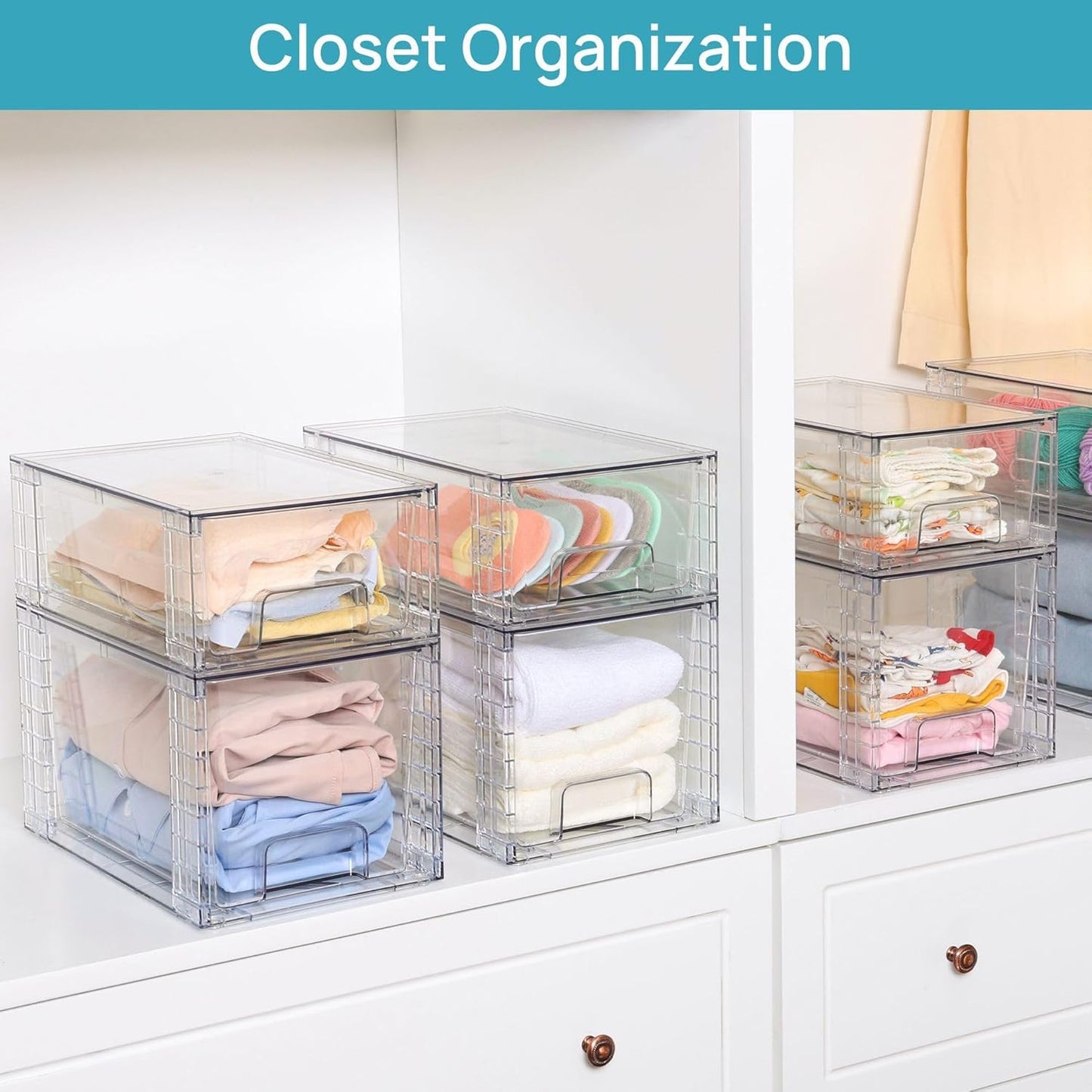 SKY-TOUCH 4 PACK Large Plastic Stackable Storage Drawers, Clear Acrylic Storage Drawers Container Boxes for Vanity, Undersink, Kitchen Cabinets, Pantry Organization and Storage, 30.5x19x18cm