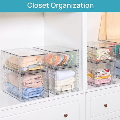 SKY-TOUCH 4 PACK Large Plastic Stackable Storage Drawers, Clear Acrylic Storage Drawers Container Boxes for Vanity, Undersink, Kitchen Cabinets, Pantry Organization and Storage, 30.5x19x18cm