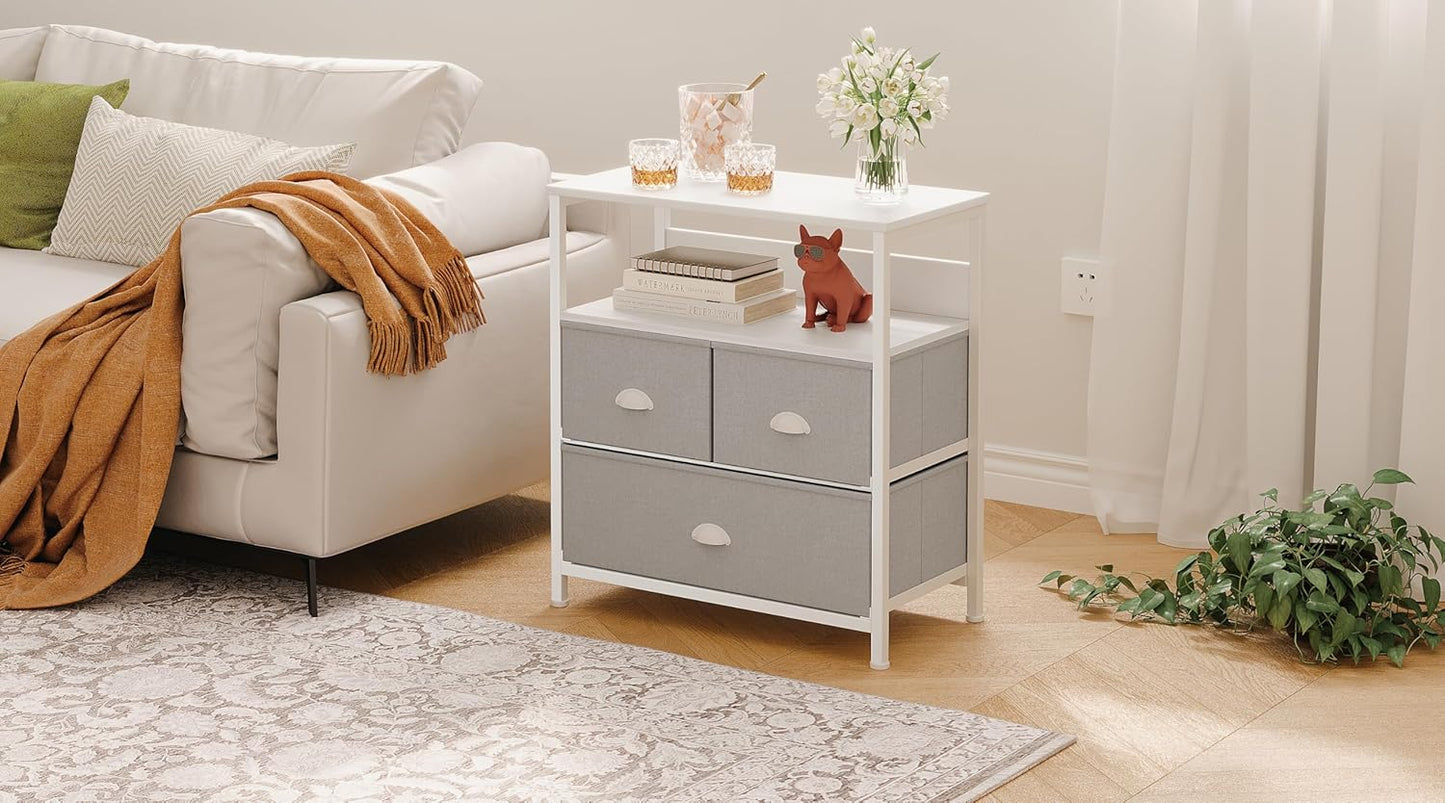 SKY-TOUCH 3 Fabric Drawer Nightstand Storage Chest Unit Home Cabinet w/Shelves Home Living Room Bedroom Entryway Living Furniture, White,58 * 29 * 81.5cm