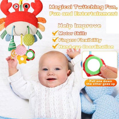 SKY-TOUCH Crab Car Seat Toy for Babies - Multi-Sensory Infant Stroller Toy with Mirror, Bell, Rattles, Crinkle, Teether - Safe, Soft, Fun Activity Toy for 18 months+