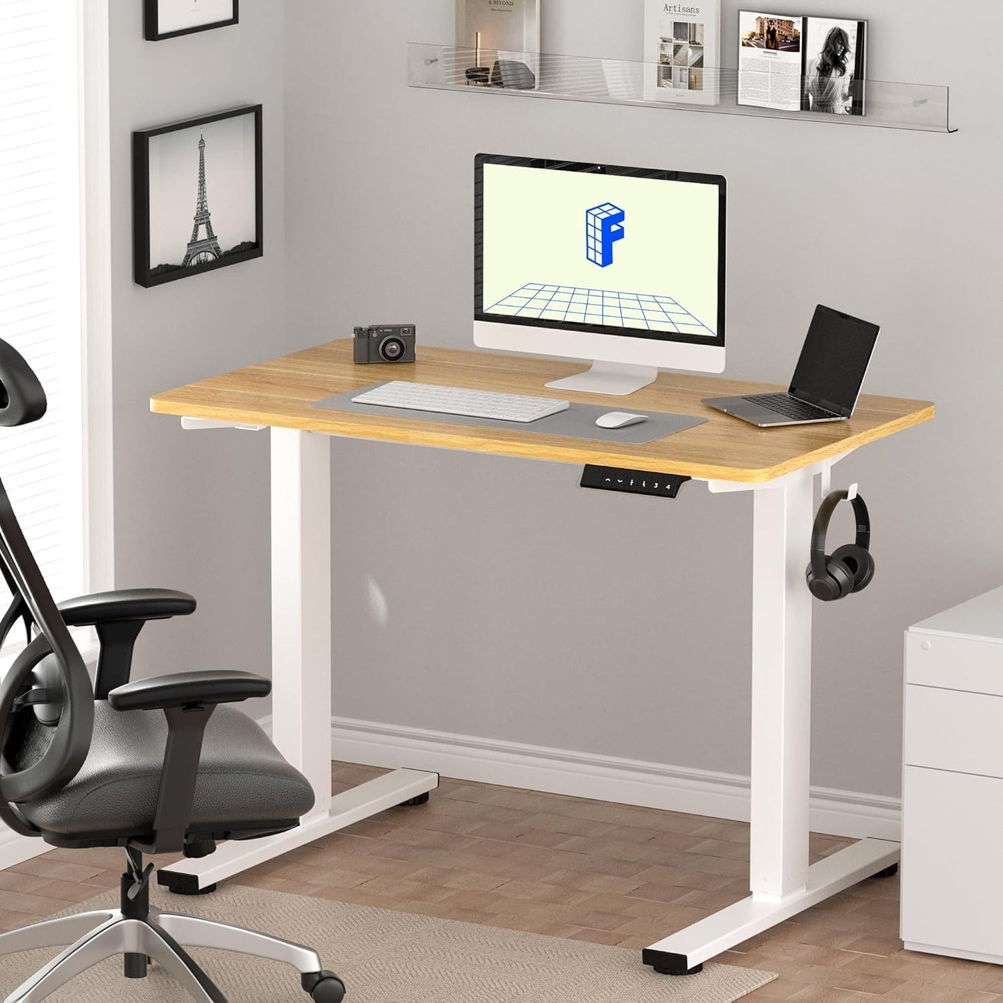 SKY-TOUCH Electric Adjustable Height Standing Desk,Elevating Desk, 120x60cm, Height Memory, Storage Hook, 28.9"-46.5" Elevating range,for Office Stand Up Computer Desk, Beige(top consists of 2 parts)