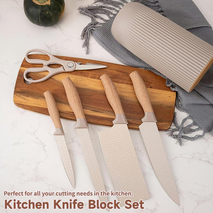 SKY-TOUCH Kitchen Knife Set,6-Piece Khaki Kitchen Knife Set with Knife Block – Non-Stick Stainless Steel Sharp Blades, Anti-Rust & Ergonomic Design for Home, Restaurant,Outdoor