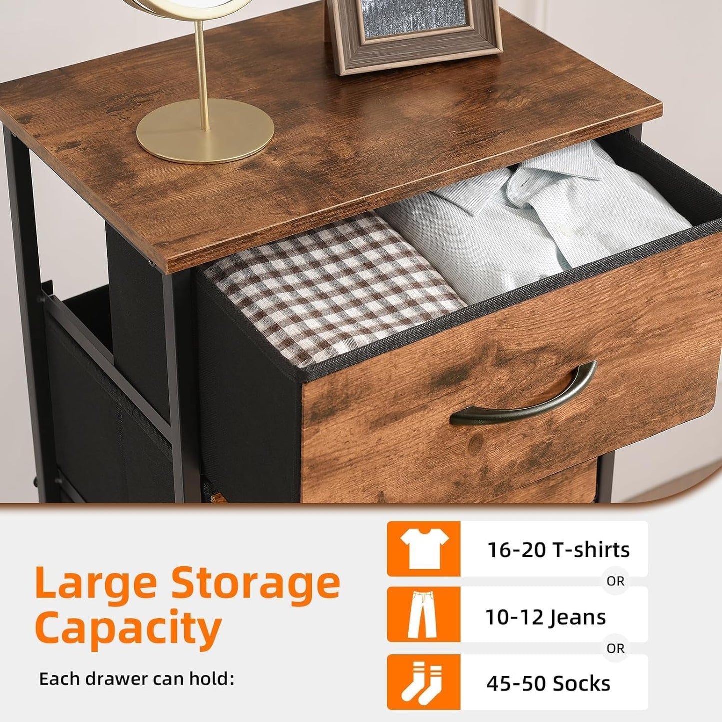 SKY-TOUCH 5 Chest of Drawers, Vertical Storage Drawers Tower Fabric Chest Dresser, Tall Organizer Dresser for Bedroom, Nursery, Closets, Sturdy Steel Frame with Wooden Top, Brown