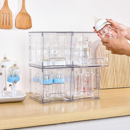 SKY-TOUCH 4 PACK Large Plastic Stackable Storage Drawers, Clear Acrylic Storage Drawers Container Boxes for Vanity, Undersink, Kitchen Cabinets, Pantry Organization and Storage, 38.5x31.3x17.3cm