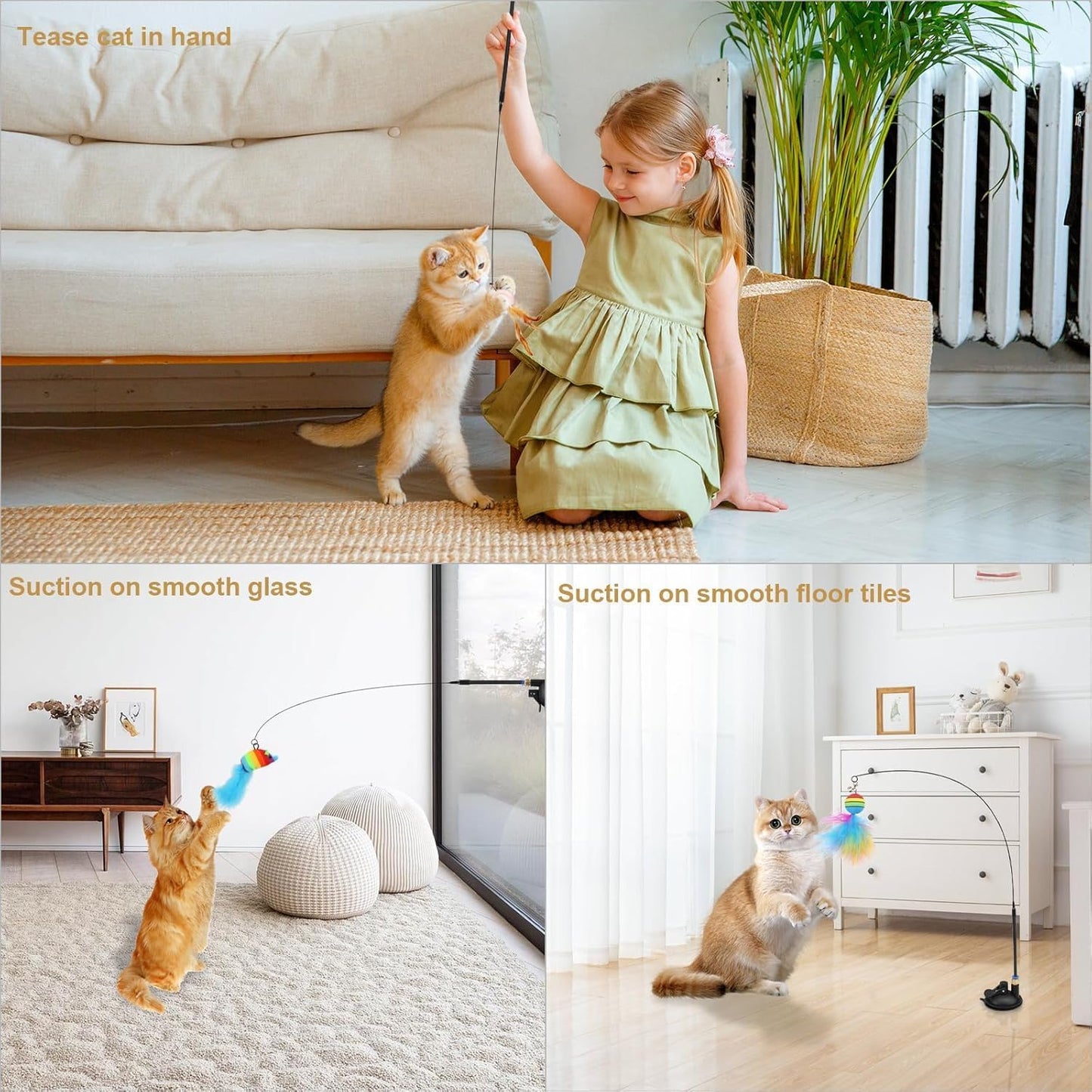 SKY-TOUCH Cat Feather Toys, Cat Toys Wand, Interactive Cat Toy with Super Suction Cup, 1 PCS Cat Wand Toy and 8 PCS Feather Replacements with Bell,for Indoor Play Chase,Replacement head random