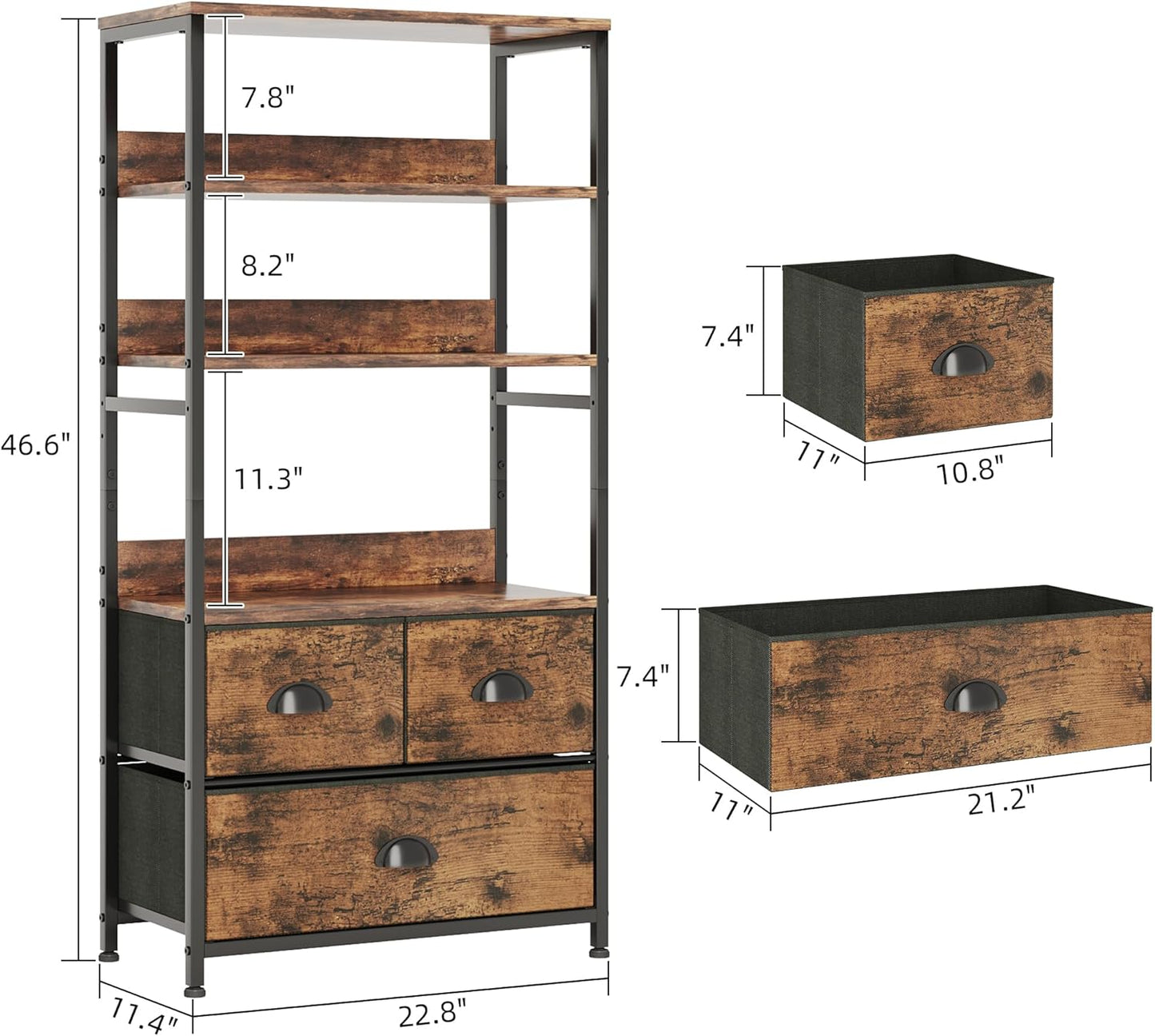 SKY-TOUCH 4-Tier Storage Shelf with 3 Drawers – Black Metal Frame with Wood Top,– Ideal for Books, Photos, and Decorations in Living Room, Office, Bedroom, and Kitchen Tiger Wood 120x58x29 cm