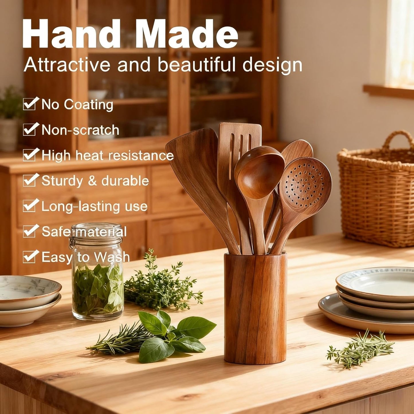SKY-TOUCH Wooden Kitchen Utensils Set, 6 Pcs Wooden Utensils for Cooking Utensils Set with Utensil Holder, Spoons, Ladles, Strainer Spoon, Salad Fork, Suitable For Various Cooking Needs
