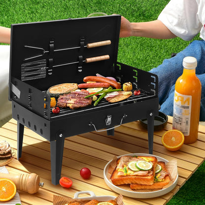 SKY-TOUCH Portable Charcoal Grill, Outdoor Foldable BBQ Grill with Barbecue Accessories & Lid for Cooking Camping Picnic Hiking Beach Party Patio Smokers, Black, 43x26x46cm