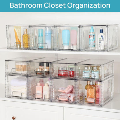 SKY-TOUCH 4 PACK Large Plastic Stackable Storage Drawers, Clear Acrylic Storage Drawers Container Boxes for Vanity, Undersink, Kitchen Cabinets, Pantry Organization and Storage, 30.5x19x18cm