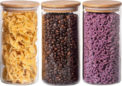 SKY-TOUCH 3PCS Glass Food Storage Jars, Kitchen Storage Glass Canister Set with Airtight Bamboo Lids, Suitable for Flour, Grains, Sugar, Tea, Coffee Beans, and Snacks, 2100ML