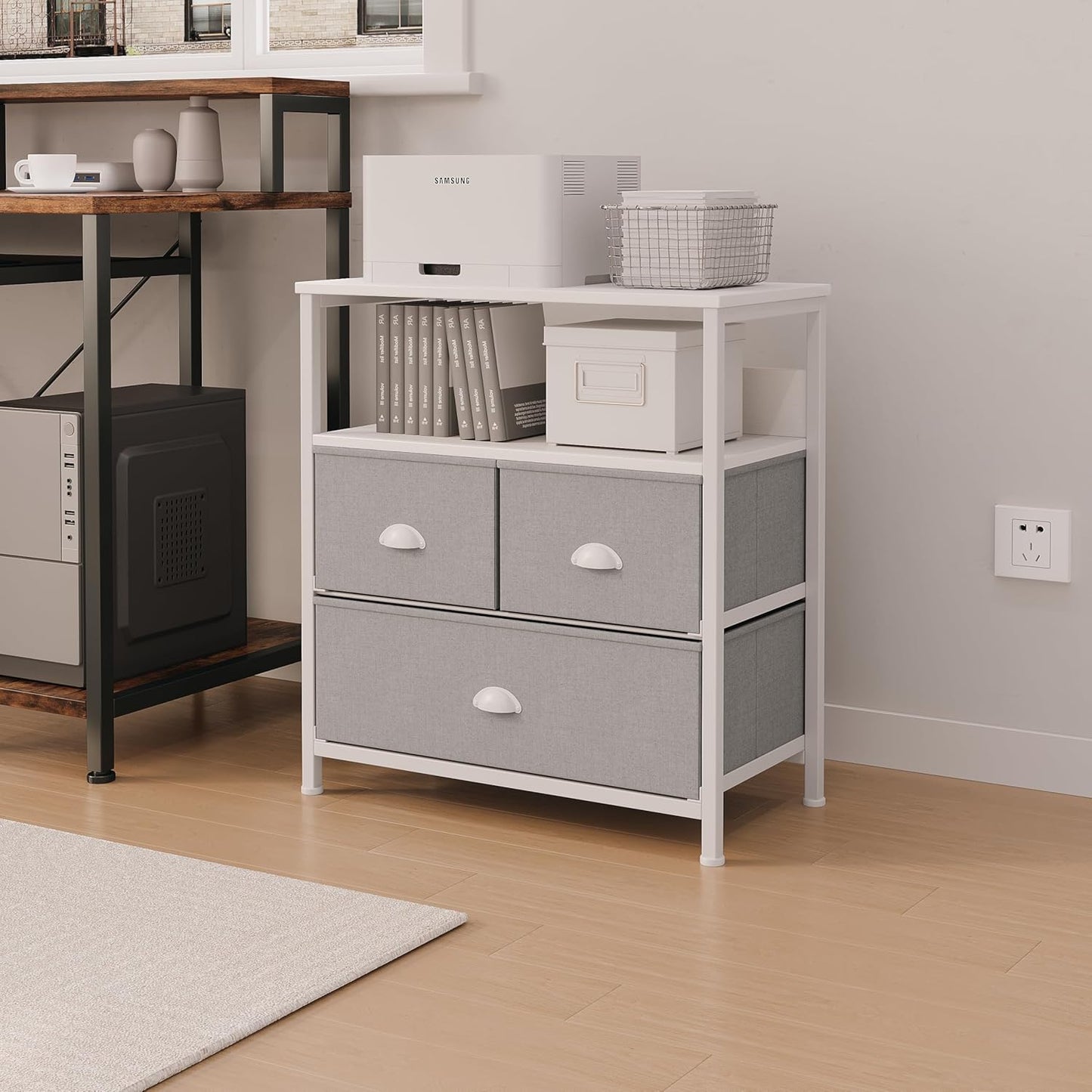 SKY-TOUCH 3 Fabric Drawer Nightstand Storage Chest Unit Home Cabinet w/Shelves Home Living Room Bedroom Entryway Living Furniture, White,58 * 29 * 81.5cm