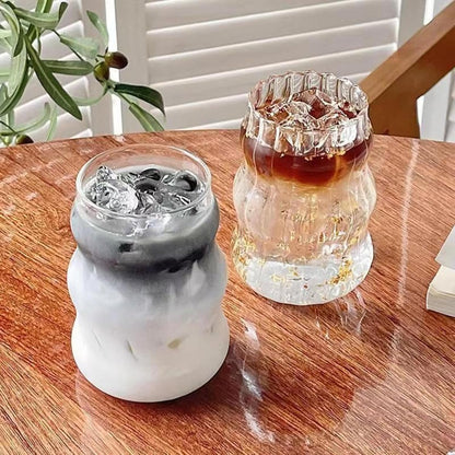 SKY-TOUCH 2 Pcs Ribbed Glass Cups 530ml, Aesthetic Ripple Drinking Glassware for Iced Coffee, Juice, Milk, Tea, Smoothies, Cold Beverages, Vintage Bubble Tumbler Set