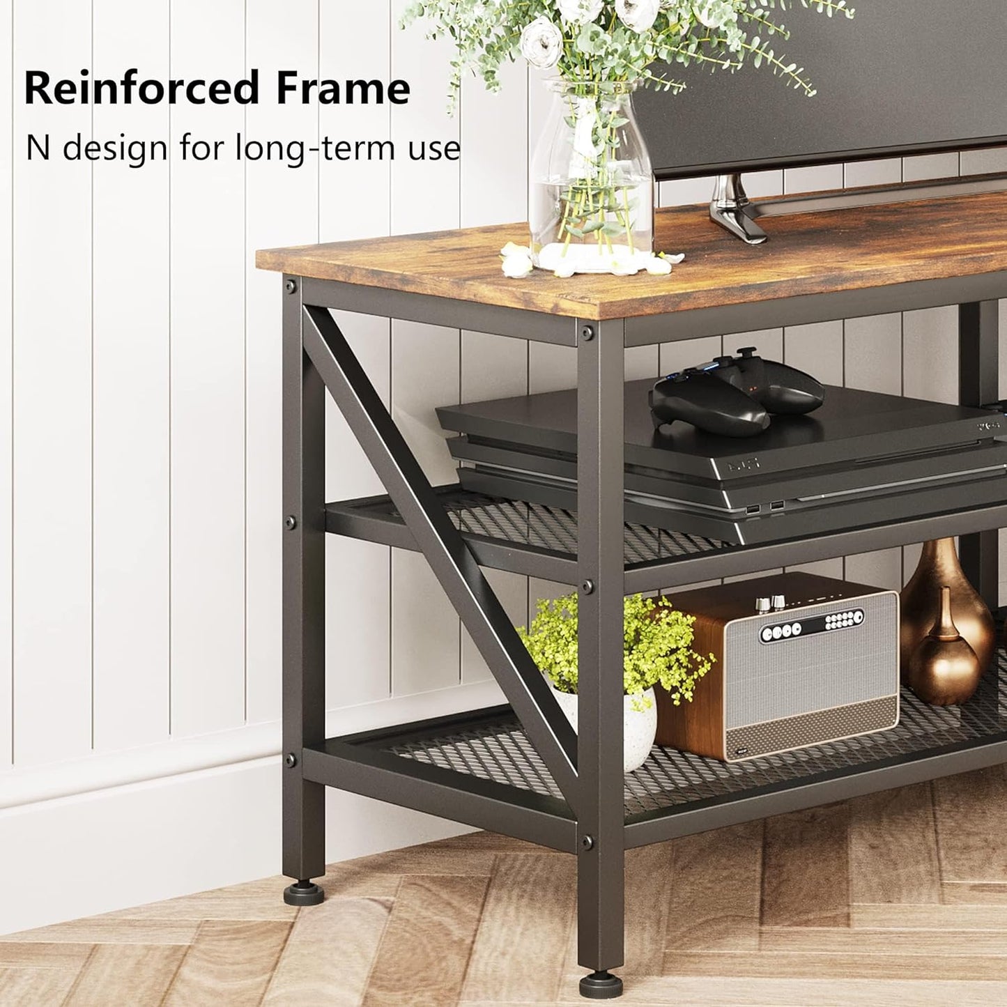 SKY-TOUCH TV Stand : Modern TV Table Wide TV Entertainment Center with Storage Shelves Sturdy Wooden TV Console Table with Metal Frame for Living Room (160 * 40 * 50CM Tiger Wood)