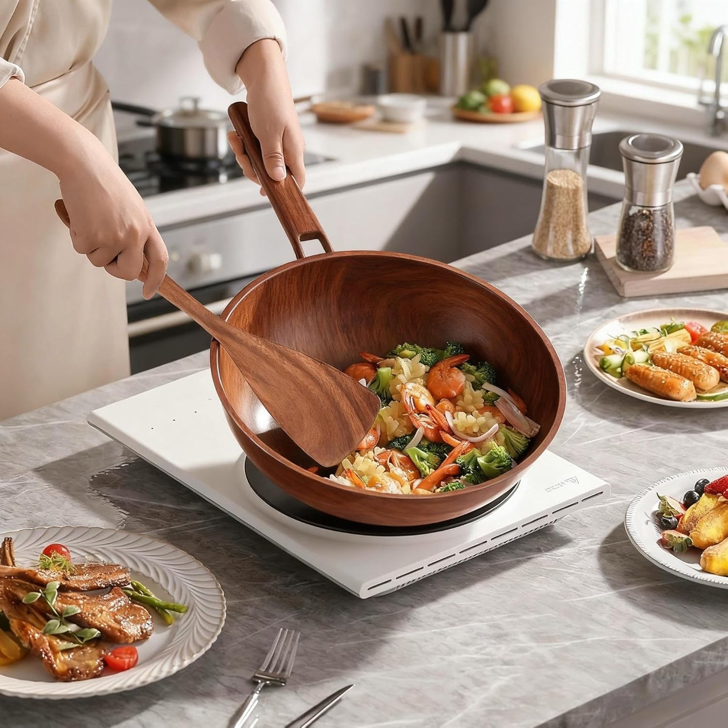 SKY-TOUCH Wooden Kitchen Utensils Set, 6 Pcs Wooden Utensils for Cooking Utensils Set with Utensil Holder, Spoons, Ladles, Strainer Spoon, Salad Fork, Suitable For Various Cooking Needs