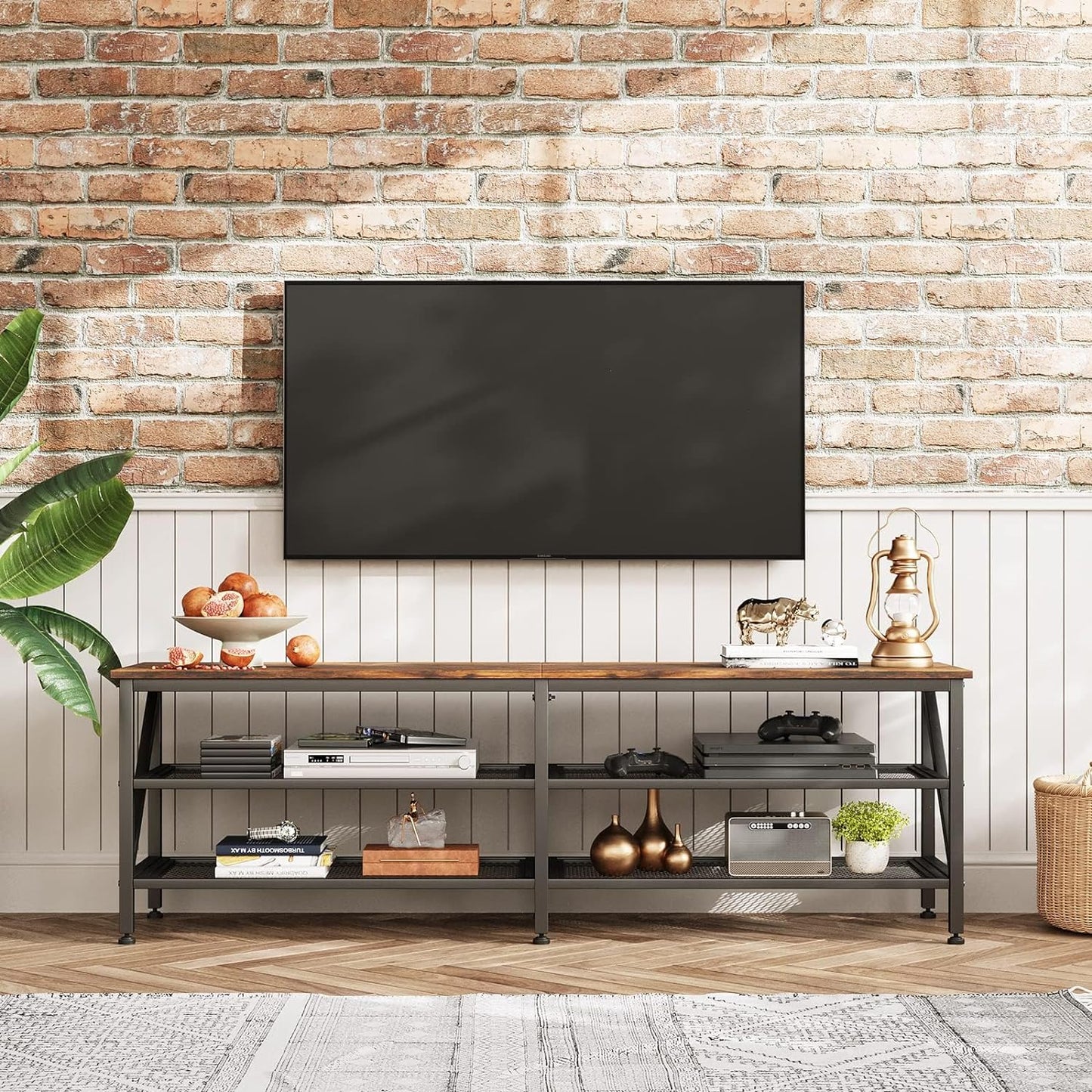 SKY-TOUCH TV Stand : Modern TV Table Wide TV Entertainment Center with Storage Shelves Sturdy Wooden TV Console Table with Metal Frame for Living Room (160 * 40 * 50CM Tiger Wood)