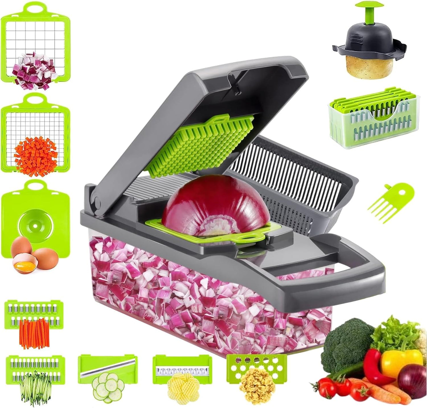 SKY-TOUCH Vegetable Chopper : Multifunctional All-in-One Food Slicer Dicer Cutter with Draining Basket Grater With Container Compact Kitchen Gadgets Sets for Cooking