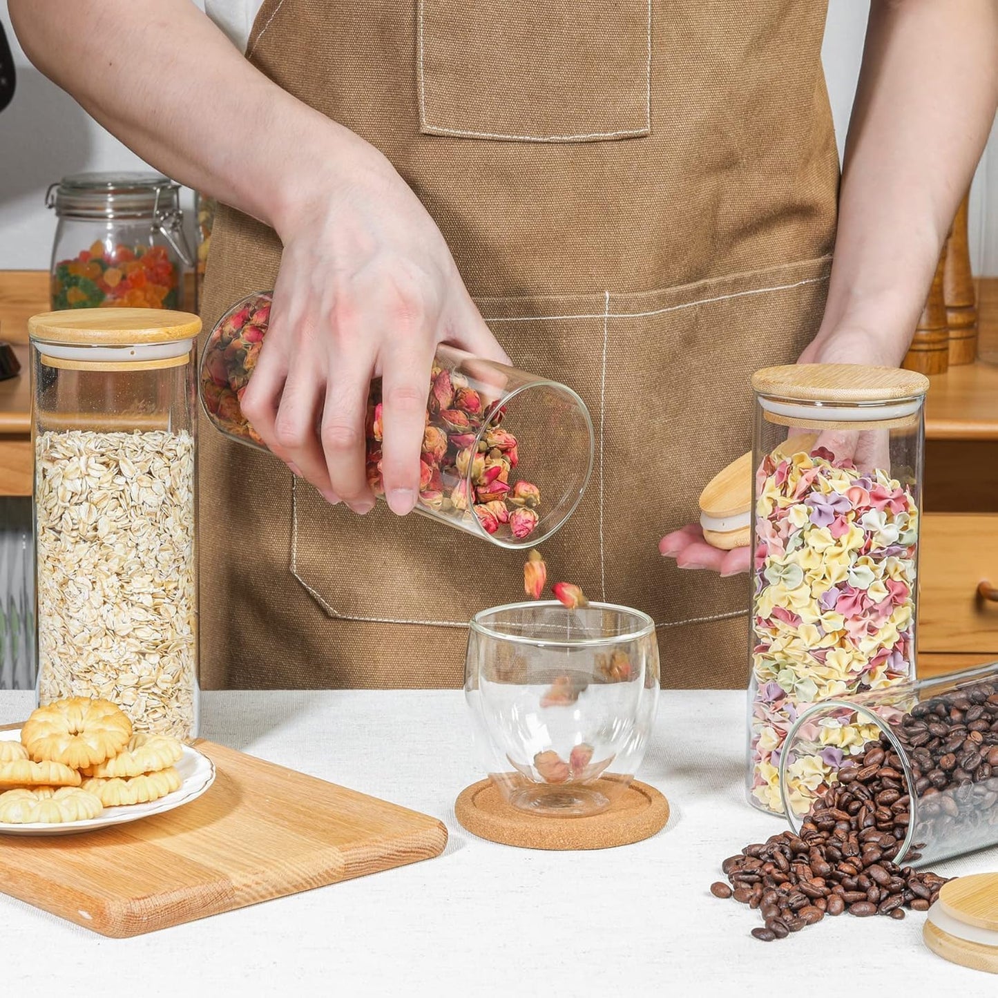 SKY-TOUCH 3PCS Glass Food Storage Jars, Kitchen Storage Glass Canister Set with Airtight Bamboo Lids, Suitable for Flour, Grains, Sugar, Tea, Coffee Beans, and Snacks, 2100ML