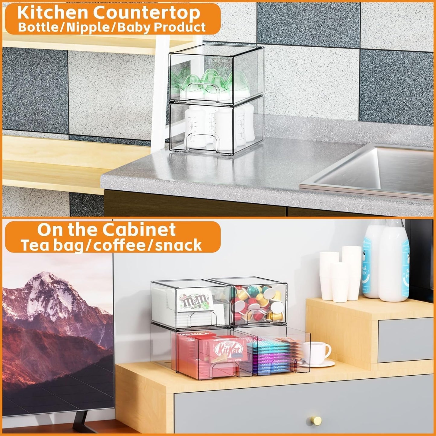 SKY-TOUCH 4 PACK Clear Stackable Storage Drawers, 4.4'' Tall Acrylic Stackable Drawer, Bathroom Makeup Organizer,Plastic Storage Bins For Vanity, Undersink, Kitchen Cabinets, Pantry, 7.4x4.4x6.1inch