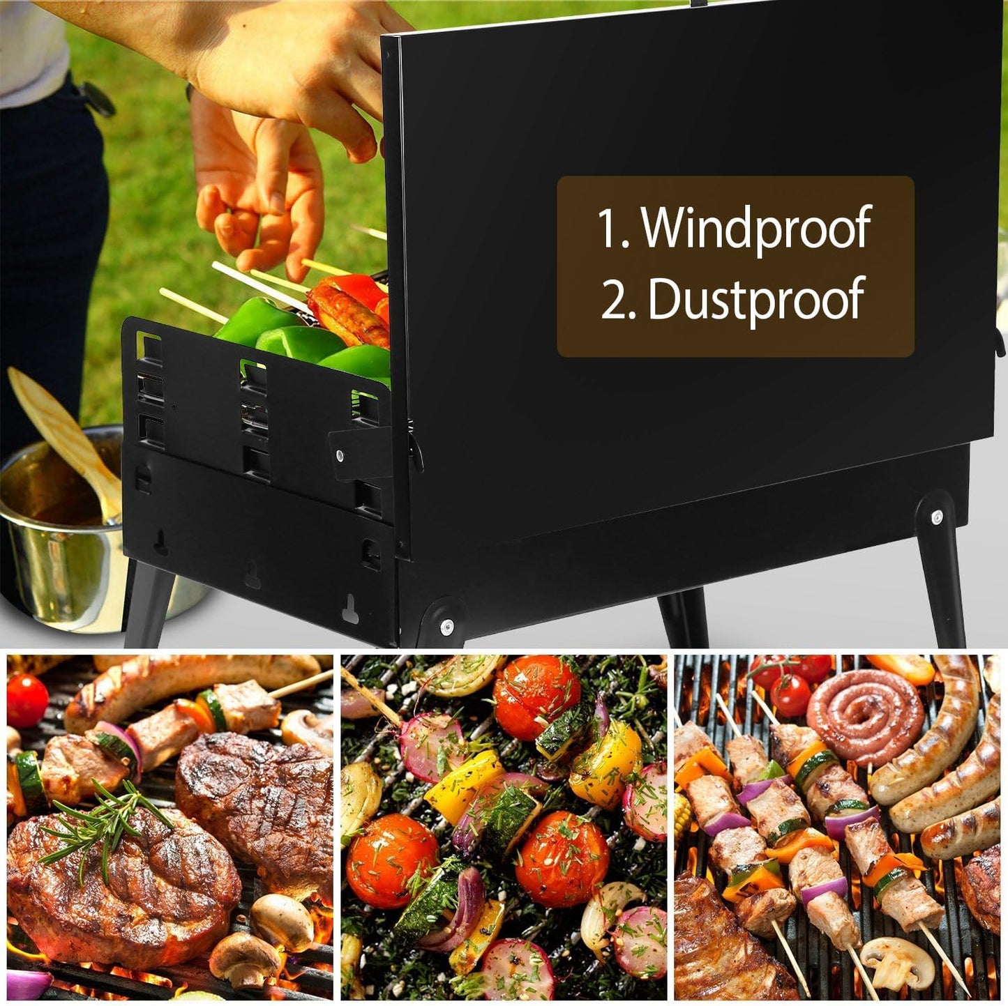 SKY-TOUCH Portable Charcoal Grill, Outdoor Foldable BBQ Grill with Barbecue Accessories & Lid for Cooking Camping Picnic Hiking Beach Party Patio Smokers, Black, 43x26x46cm
