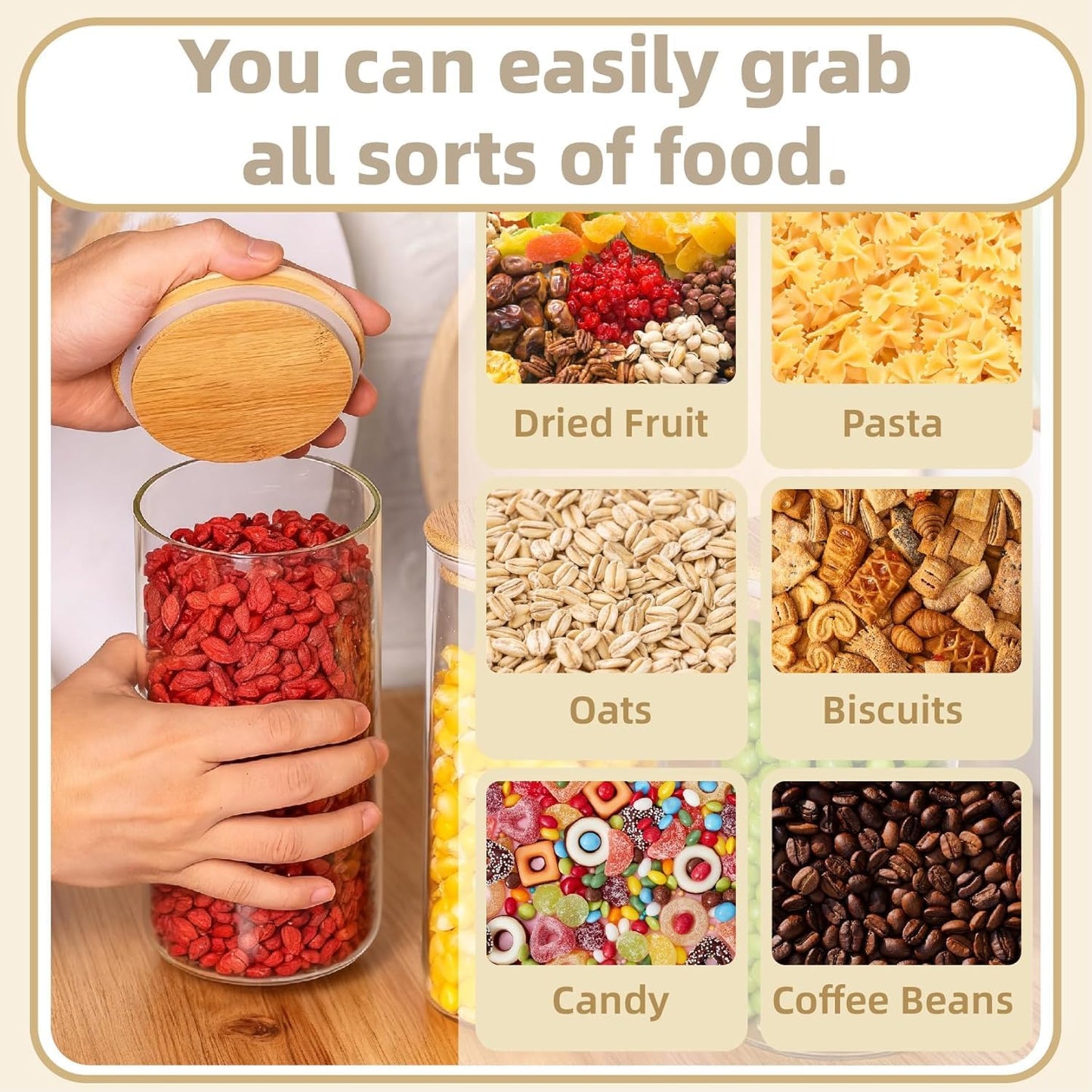SKY-TOUCH 3PCS Glass Food Storage Jars, Kitchen Storage Glass Canister Set with Airtight Bamboo Lids, Suitable for Flour, Grains, Sugar, Tea, Coffee Beans, and Snacks, 2100ML